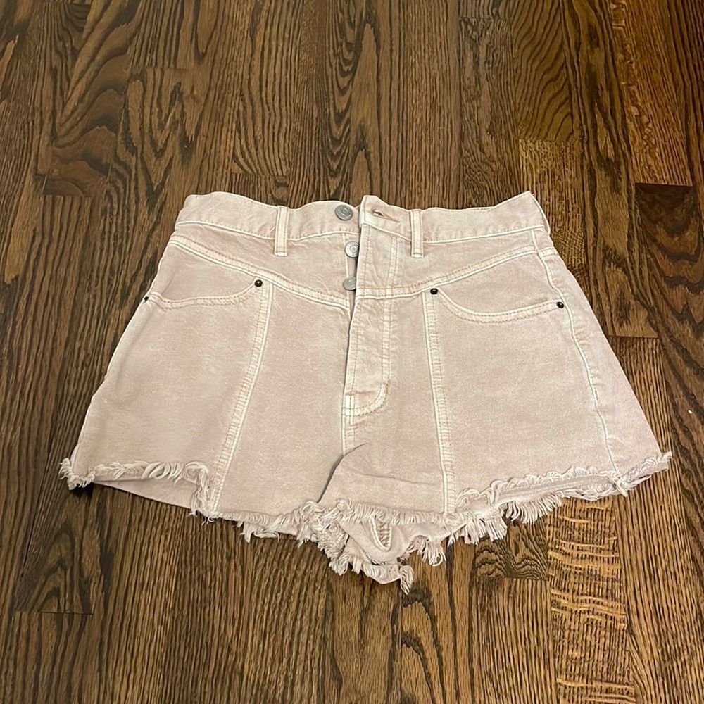 Tan high-waisted denim shorts